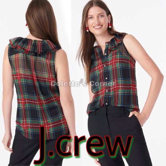 J. Crew Tops - J.Crew Sleeveless Ruffle-Collar Top Black Tartan